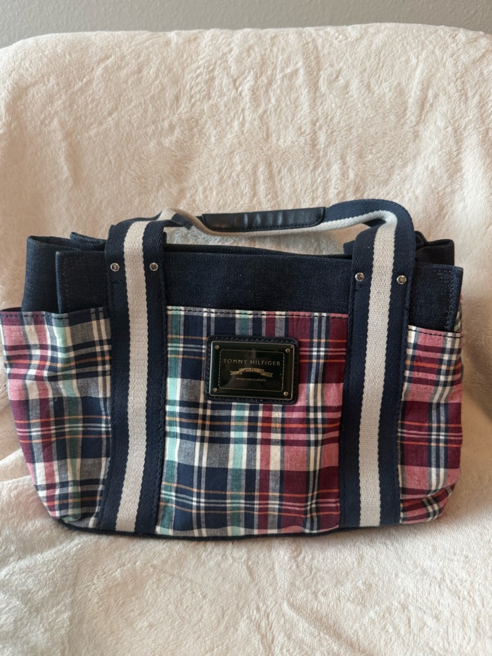 Tommy Hilfiger Red, Navy & Cream Plaid Canvas Tote